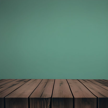 Wooden table against green background with vignette, 3d renderの素材
