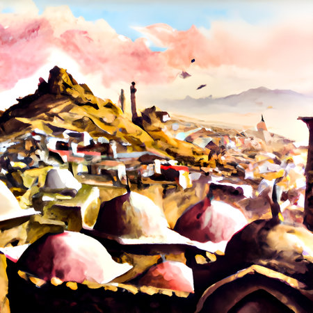 Digital painting of a town in Himalayas, Nepal. Illustrationの素材