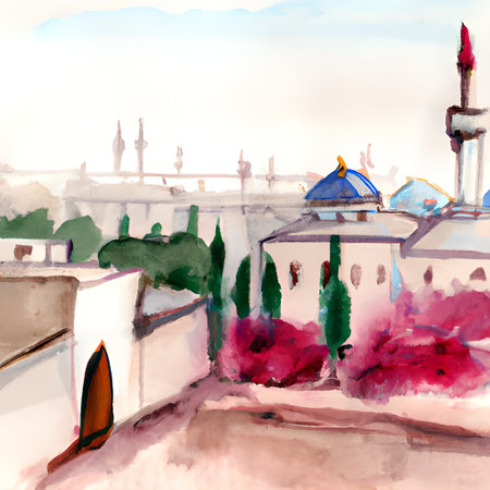 Hand drawn watercolor illustration of a cityscape with a view of the mosque.の素材