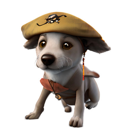 3d rendering of a cute cartoon dog wearing a pirate costume isolated on white backgroundの素材