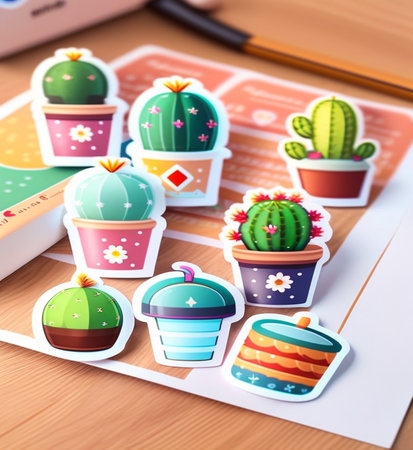 Cactuses in pots on a wooden table. 3d renderingの素材