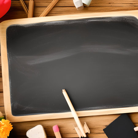 Chalkboard and school supplies on wooden table. Top view with copy spaceの素材