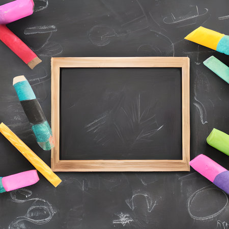 Top view of blackboard with blank chalkboard and colorful crayonsの素材