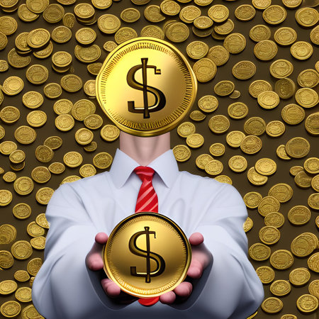 Businessman holding gold coin with dollar sign on the background of coinsの素材