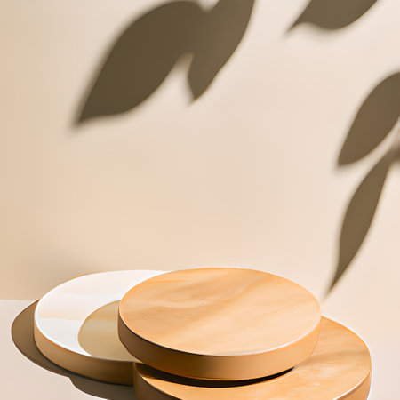 3d render of beige podium for product presentation. Abstract minimal scene with empty round platform.の素材