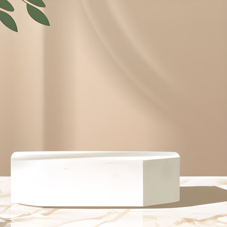 3d render of white podium on beige background with shadows.の素材