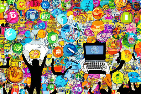 illustration of a group of people with social media icons and symbolsの素材