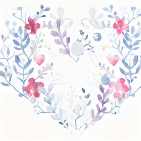 Watercolor floral heart with flowers and leaves. Hand painted illustration.の素材