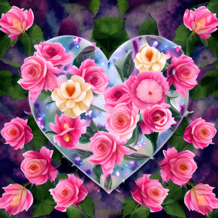 Valentine's day card with pink roses and hearts on grunge backgroundの素材