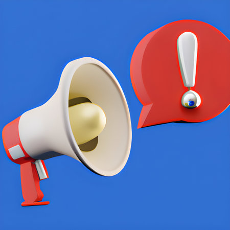 Megaphone with exclamation mark on blue background. 3d illustrationの素材