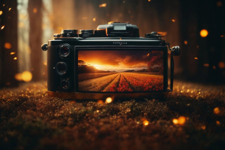 Retro camera on the grass in the forest. Halloween concept.の素材