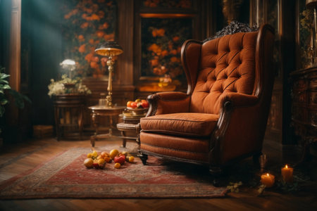 Vintage interior with armchair, fireplace and candlestick.の素材