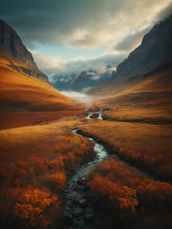 Autumn mountain landscape with a stream and high peaks in the cloudsの素材