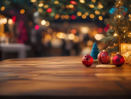 Wooden table in front of christmas tree and bokeh backgroundの素材