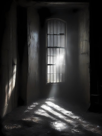 Dark room with window and light shining through the window. Halloween conceptの素材