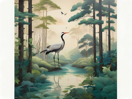 Digital painting of a crane in the forest with lake and trees.の素材