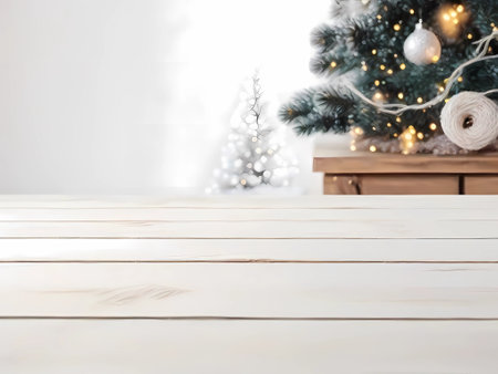 Christmas tree with decorations on white wooden table. Blurred background.の素材