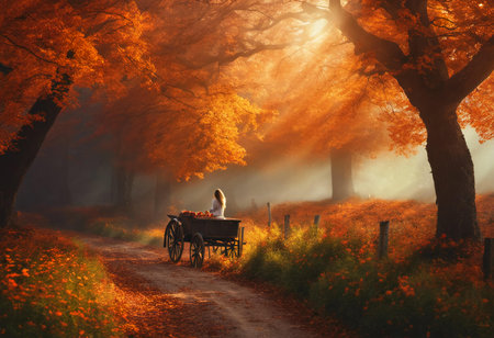Beautiful young woman with a carriage in the autumn forest. Autumn landscapeの素材