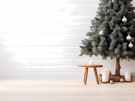 Christmas tree with candles and coffee table in front of white wooden wallの素材