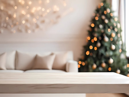 Wooden table in front of blurred living room with Christmas tree.の素材