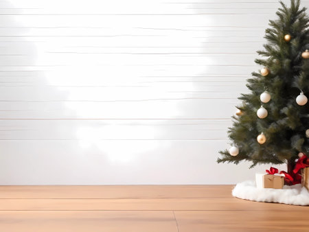 Christmas tree with gift box on wooden floor in front of white wallの素材