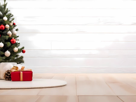 Christmas tree with gift box on wooden floor in front of white wooden wallの素材