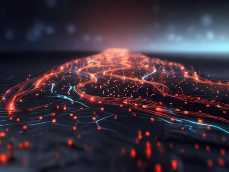 Futuristic technology wave background with glowing lines and bokehの素材