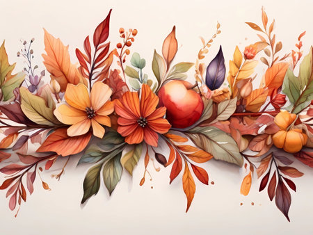 Autumn floral background with leaves and berries. Watercolor illustration.の素材