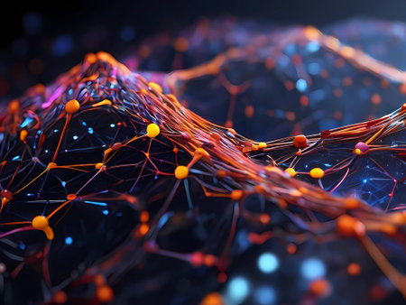 3d rendering of abstract technology concept with connection lines and dots on dark backgroundの素材