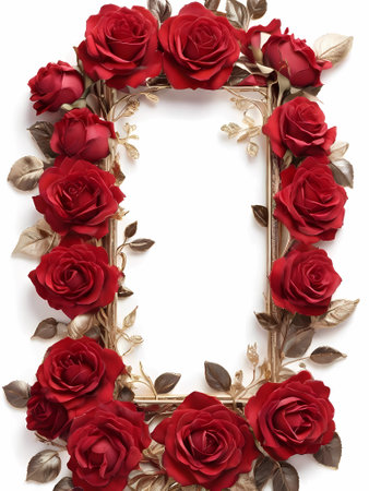 Frame made of red roses isolated on white background. Flat lay, top viewの素材