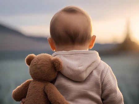 Little baby boy with teddy bear on the background of sunset.の素材
