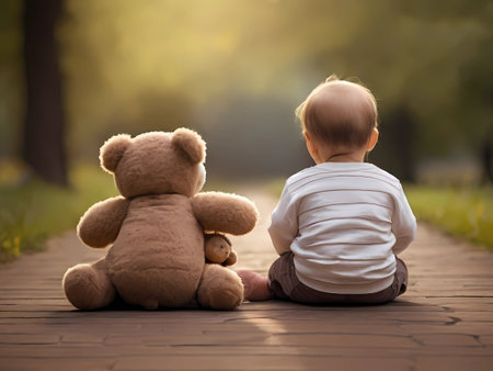 Cute little baby boy sitting with teddy bear toy in parkの素材