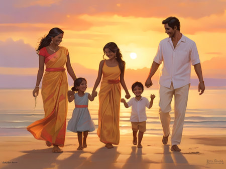 Happy Indian family walking on the beach at sunset, full length portraitの素材