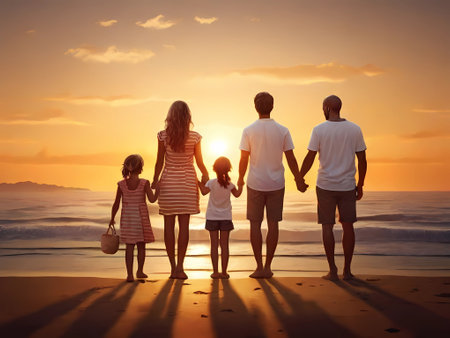 Happy family walking on the beach at sunset. Concept of friendly family.の素材