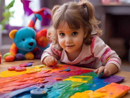 Cute little girl painting with colorful plasticine in her room.の素材