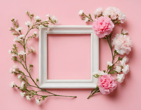 White frame with pink flowers on pink background. Flat lay, top viewの素材