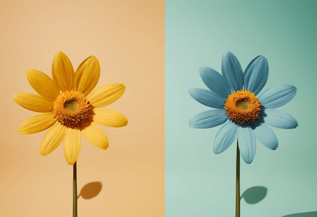 two blue daisies on a blue and yellow background. minimal conceptの素材