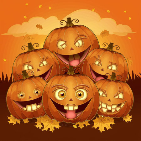 Halloween pumpkins with faces on autumn background. Vector illustration.の素材