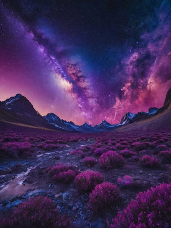 Fantasy alien planet. Mountain landscape with starry sky and milky way.の素材