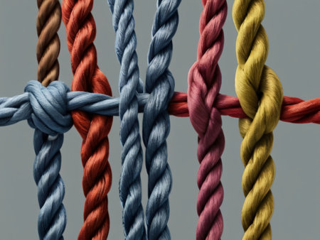 Colored rope knots on a gray background. Close-up.の素材