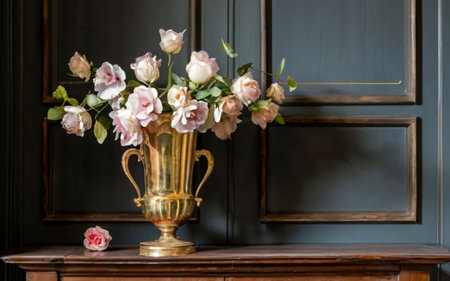 Vase with flowers on the vintage chest of drawers in the roomの素材