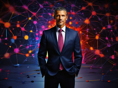 Portrait of a confident businessman standing in front of network structure.の素材