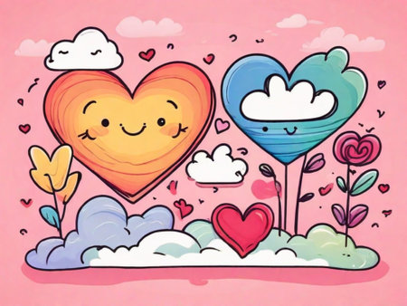 Cute heart with clouds and flowers on pink background, vector illustrationの素材