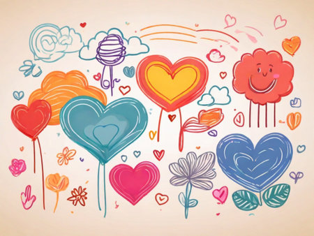 Hand drawn hearts, flowers and butterflies on beige background. Vector illustration.の素材