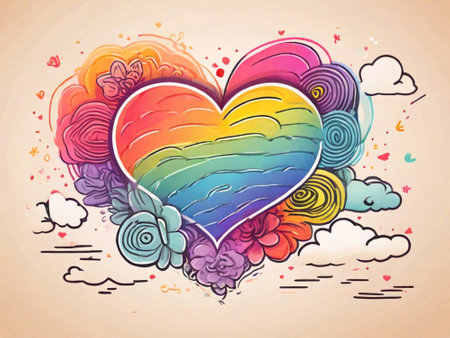 Hand drawn rainbow heart with flowers and clouds. Vector illustration for your designの素材