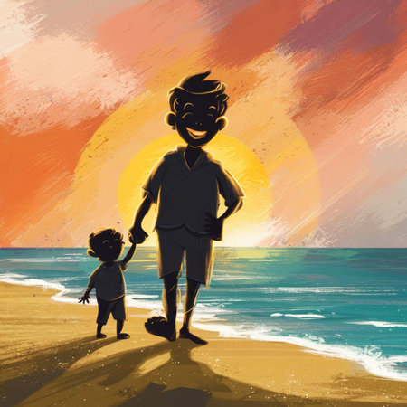 Father and son on the beach at sunset. Illustration for children.の素材