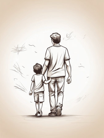 Father and son walking hand drawn vector illustration. Sketch for your designの素材