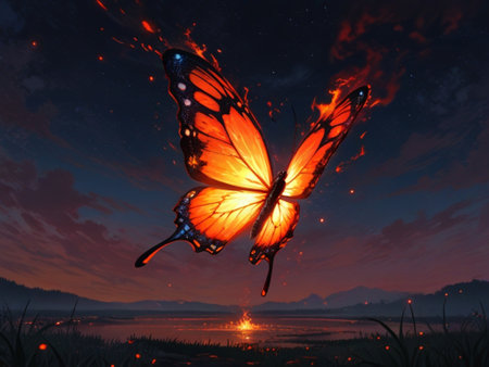 Butterfly in the night sky. 3d render. High quality photoの素材