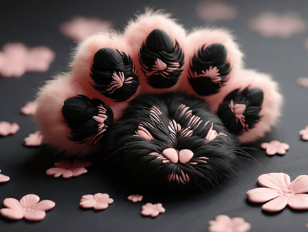 Cat paw with hearts on black background. Valentine's day concept.の素材