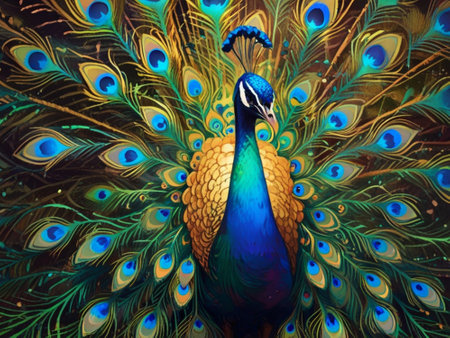 Peacock on a colorful background. Hand-drawn illustration.の素材